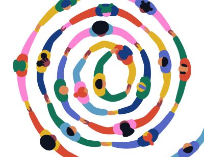 Big group of people holding hands together making round circle shape. Colorful diverse friend team concept, united community or social cooperation cartoon on isolated background.