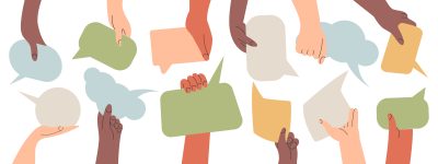 People's hands exchange ideas and holding speech bubble with vote and comment. Team cooperation communicate collaborate. Diversity multicultural group with talk message cartoon illustration