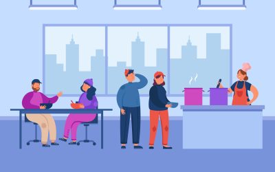 Refectory interior and girl cooking for poor people. Homeless cartoon men and women eating food in night shelter flat vector illustration. Poverty, support concept for banner or landing web page