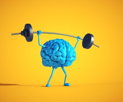Blue human brain lifting weight. Private lessons and knowledge concept. This is a 3d render illustration