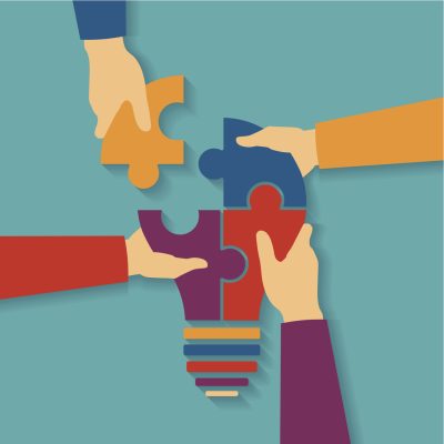 Vector concept of creative teamwork with light bulb puzzle and human hands
