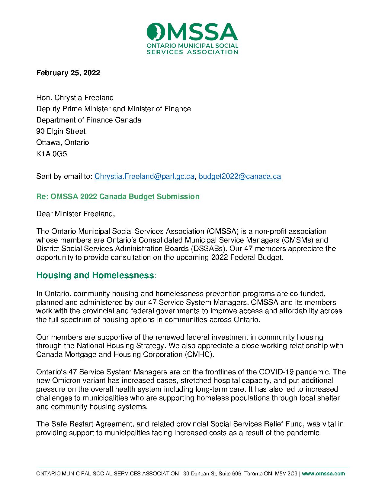 2022 Federal Budget: Pre-Budget Submission