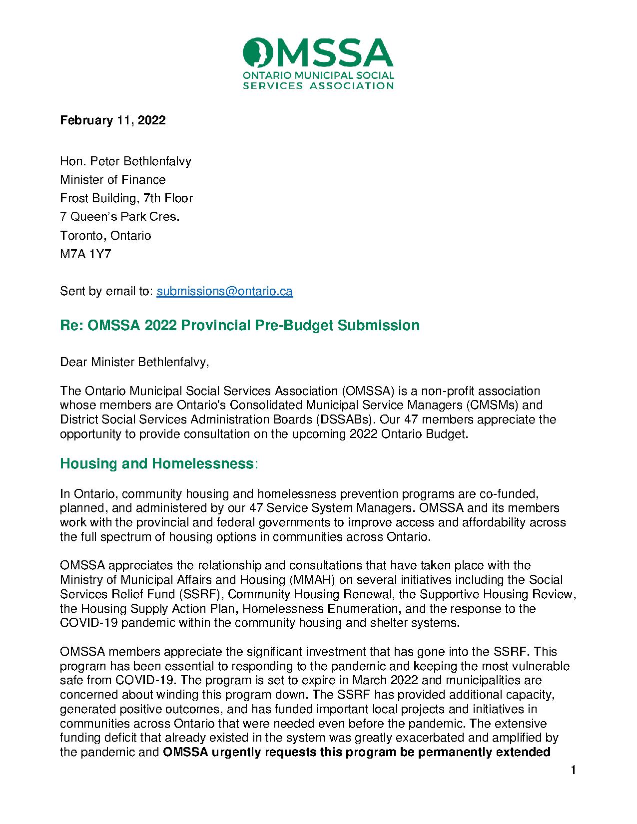 2022 Ontario Budget: Pre-Budget Submission