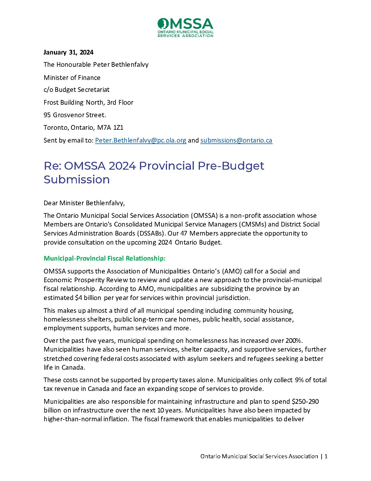 OMSSA 2024 Provincial Pre-Budget Submission
