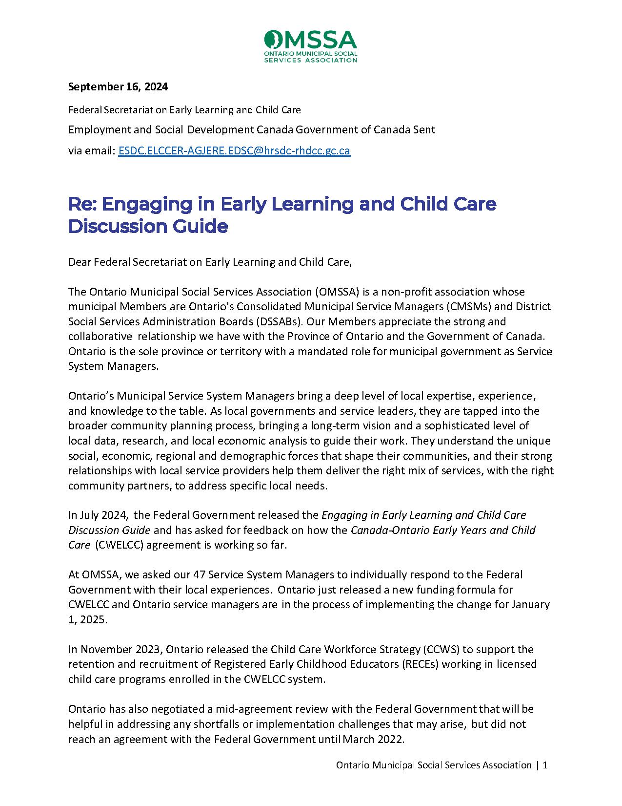OMSSA Submission on the Engaging in Early Learning and Child Care Discussion Guide
