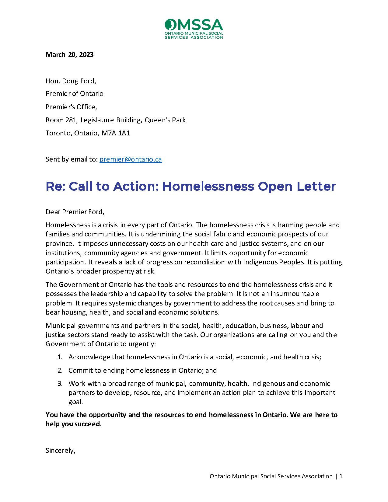 Call to Action: Homelessness Open Letter to Premier Ford