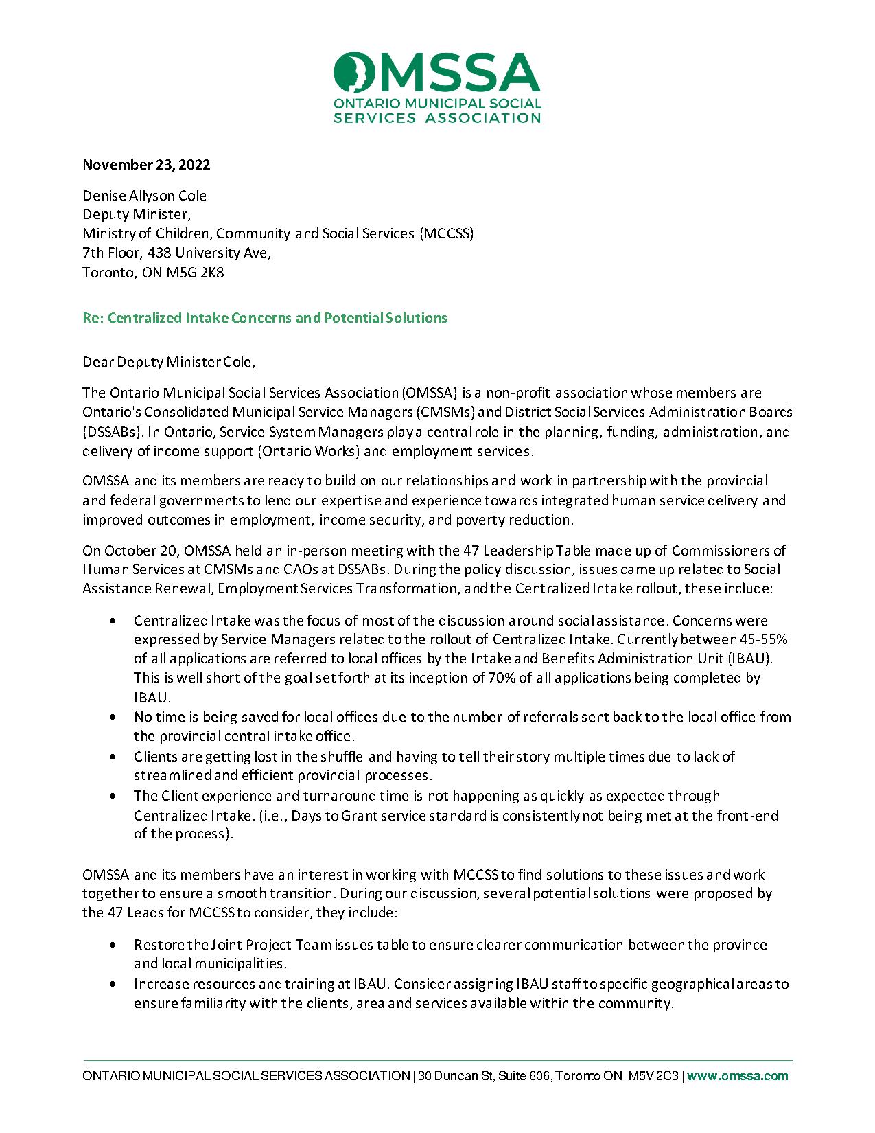 OMSSA Letter on Centralized Intake Concerns and Potential Solutions