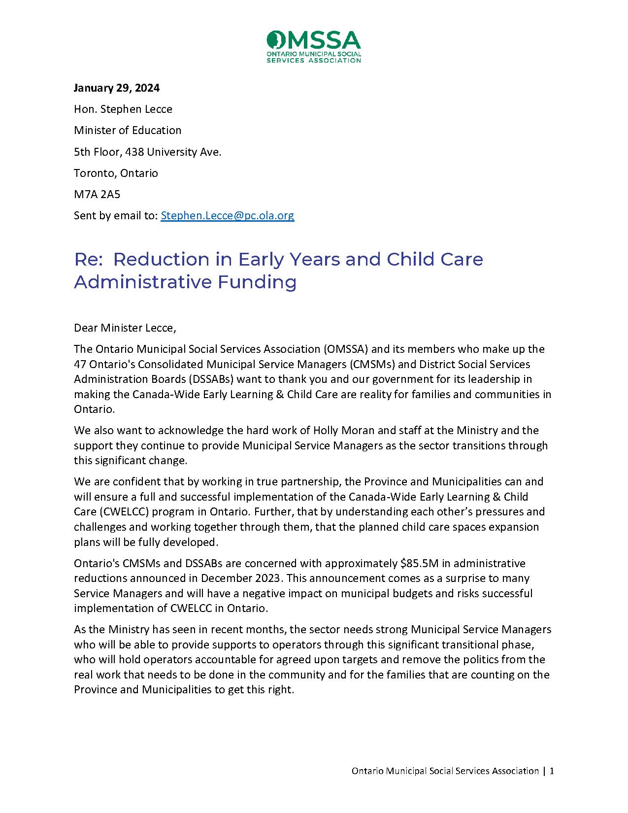 OMSSA Letter on Early Years Child Care Administration Reductions