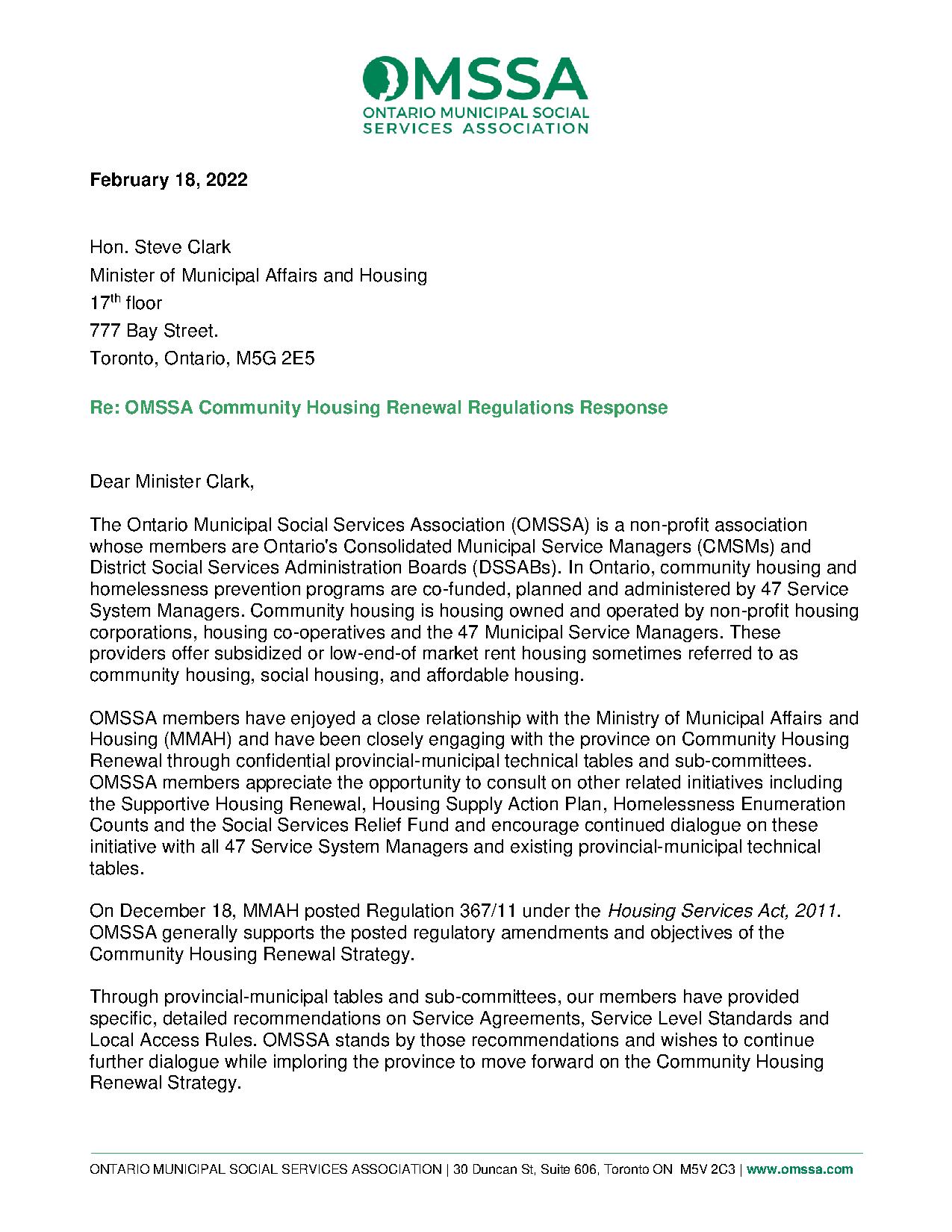 OMSSA Community Housing Renewal Regulations Response