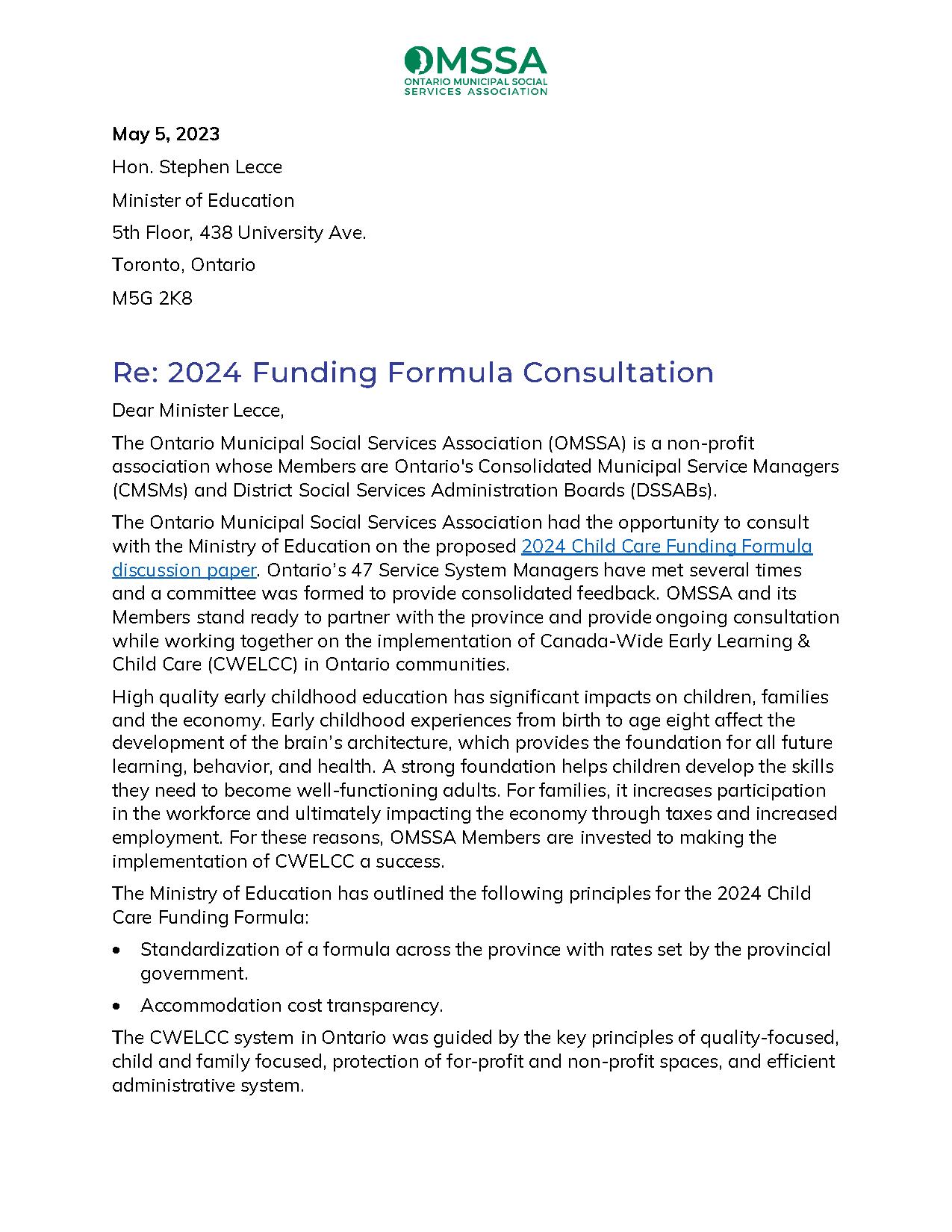 OMSSA Letter to the Province on 2024 Funding Formula