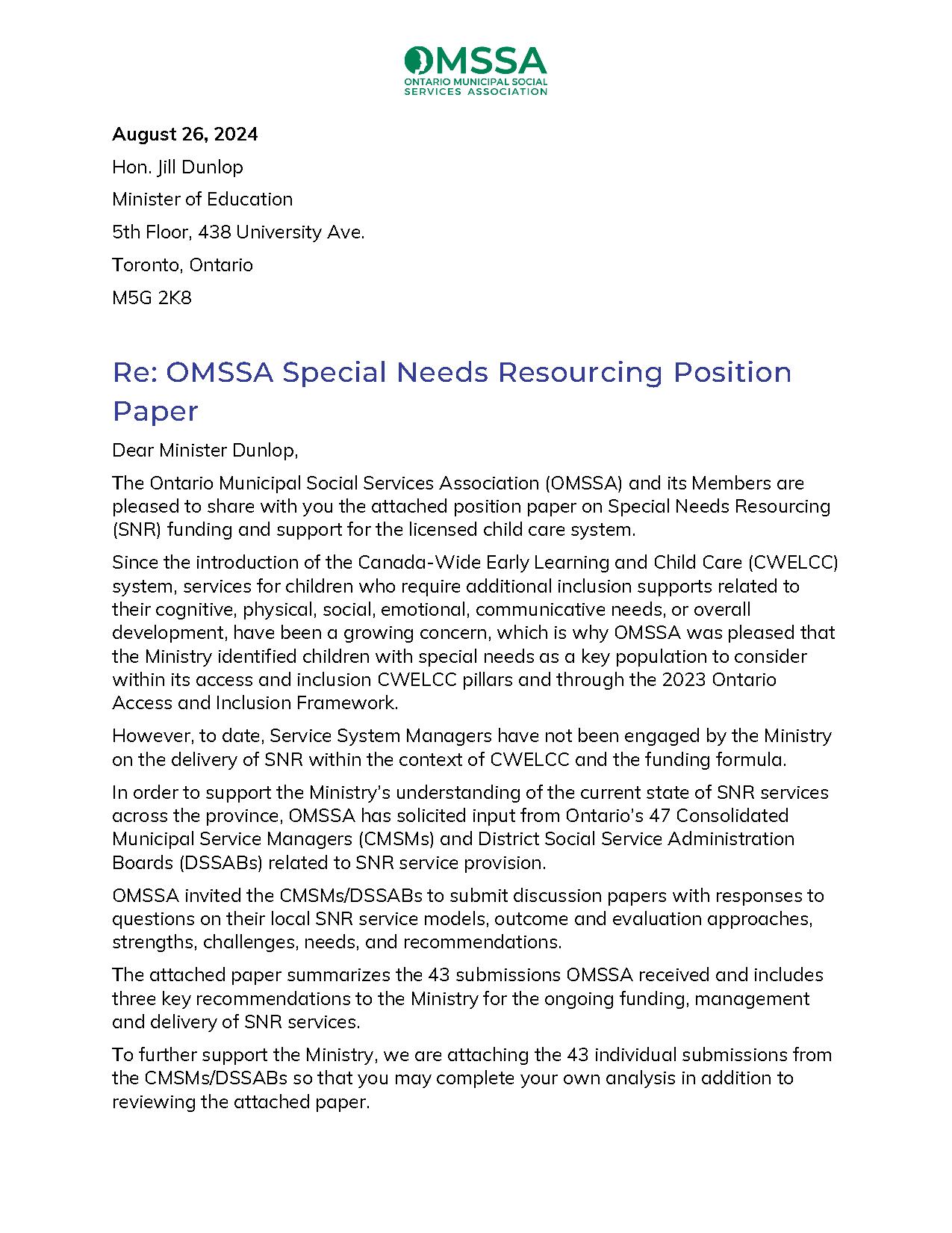 OMSSA Letter to the Province on Special Needs Resourcing Position Paper