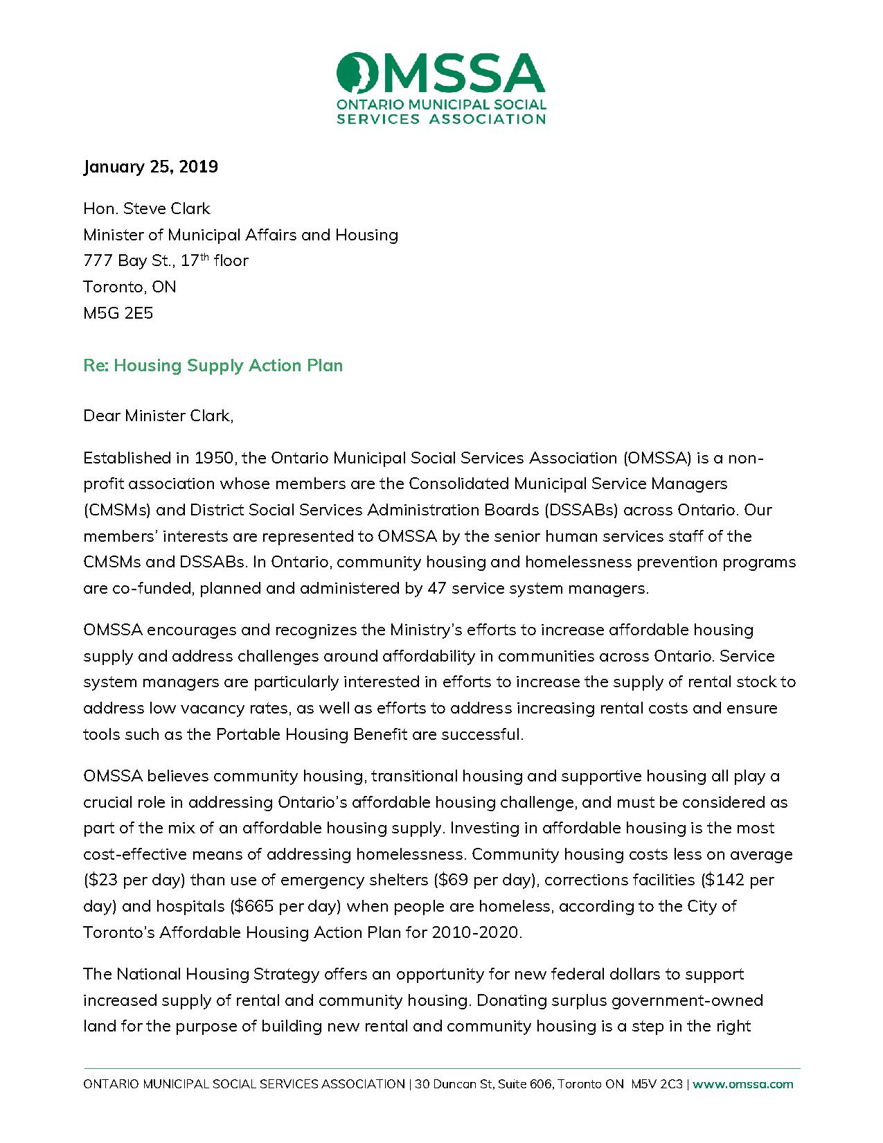 Housing Supply Action Plan: OMSSA Submission to Ministry of Municipal Affairs and Housing