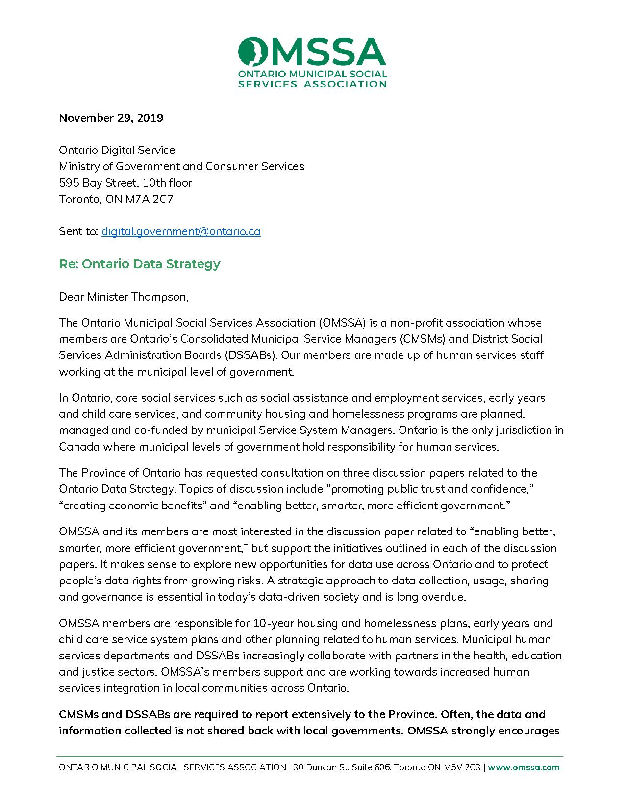 Ontario Data Strategy: OMSSA Submission to Ministry of Government and Consumer Services
