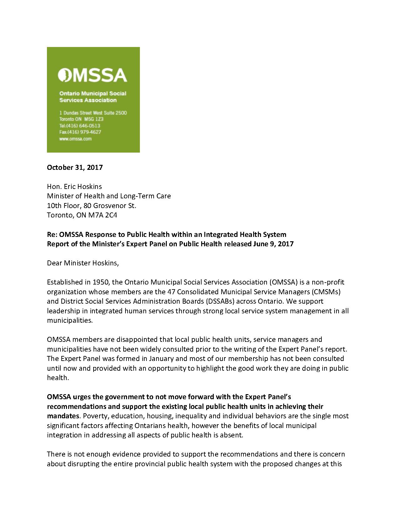 Public Health in an Integrated Health System: Response to Minister’s Expert Panel Report