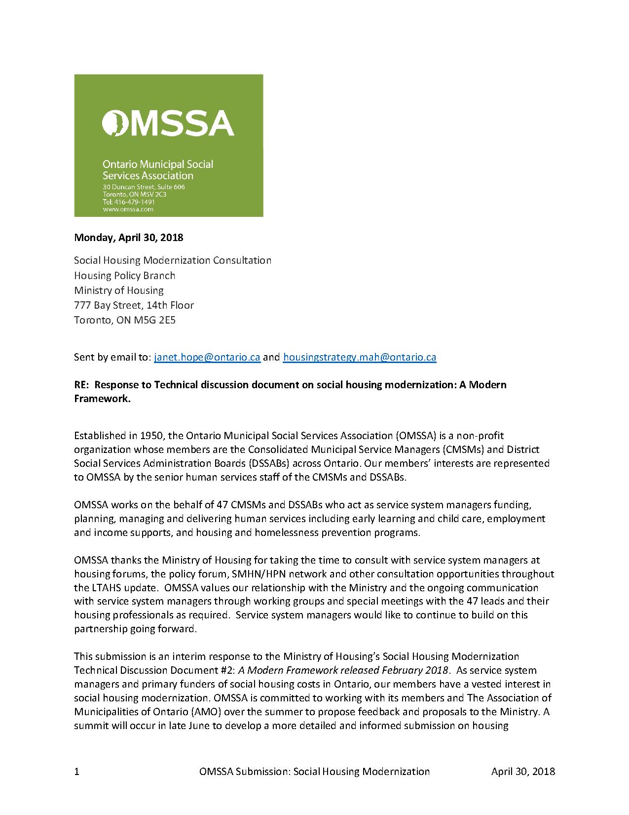 Social Housing Modernization: Submission on Proposed Framework